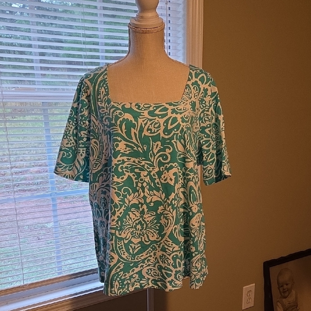 Jessica London Floral Print Women's Top - Turquoise and White